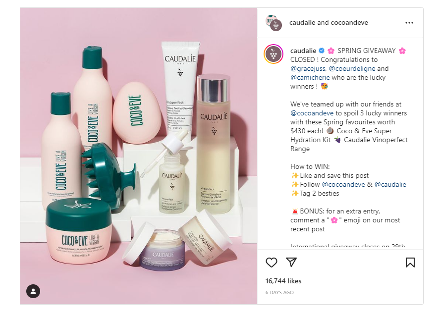 Instagram post of a giveaway collaboration between Caudalie and Cocoandeve on Instagram to build email list.