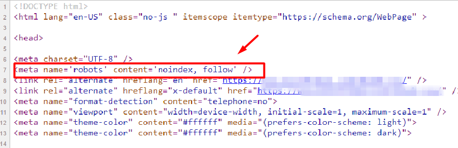 screenshot of a noindex code