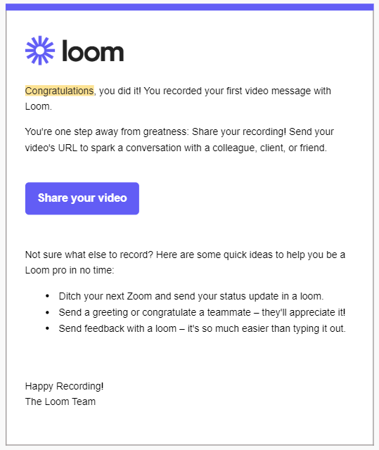 A screenshot of a celebration email form Loom