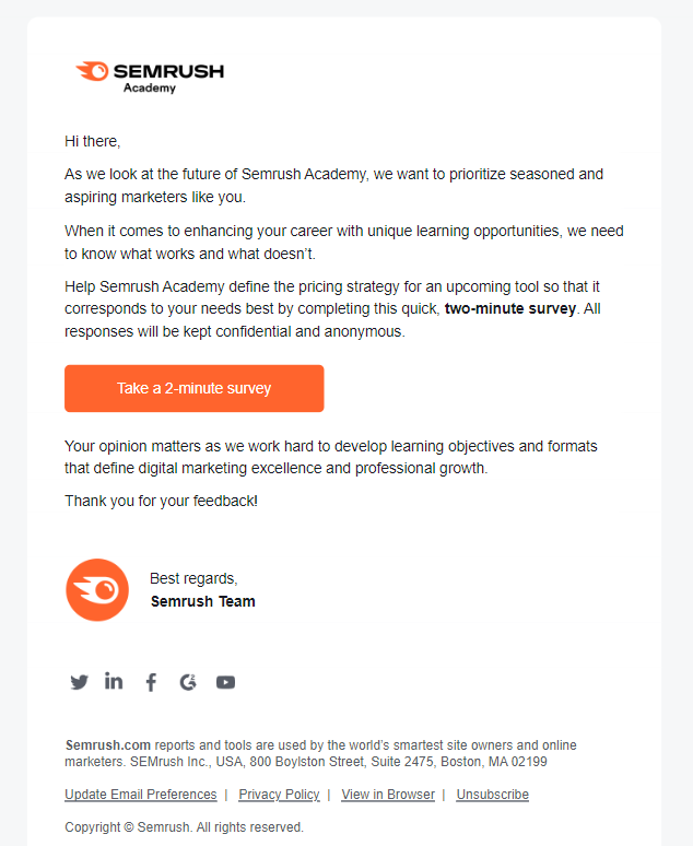 A screenshot of a customer feedback email from SEMRush