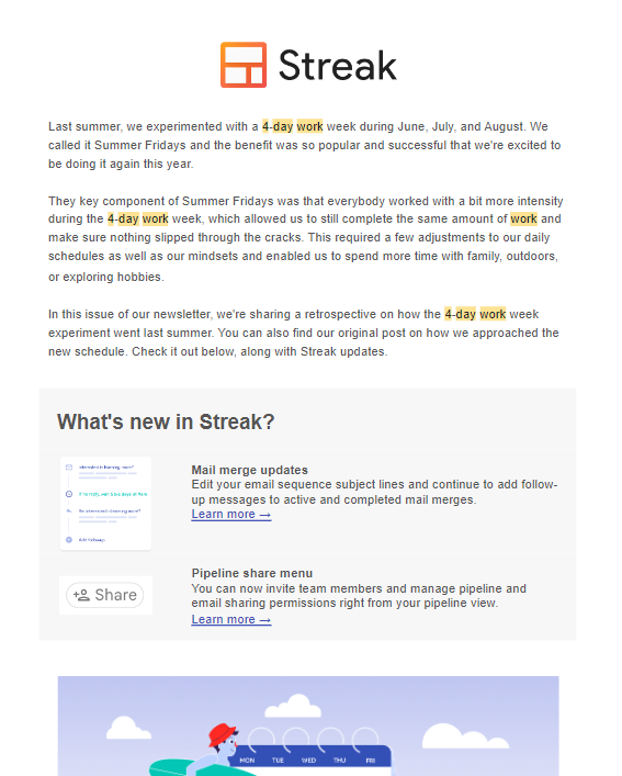 A screenshot of a newsletter email from Streak