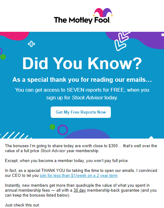 Sample of promotional email from Motley Fool