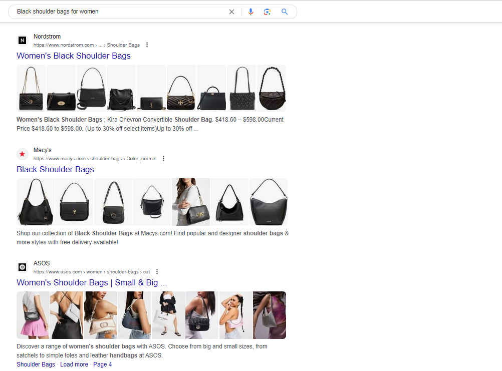 Search engine results page for the keyword 'black shoulder bags for women'
