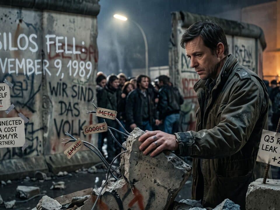 A man in a rugged jacket inspects a broken piece of the Berlin Wall at night.